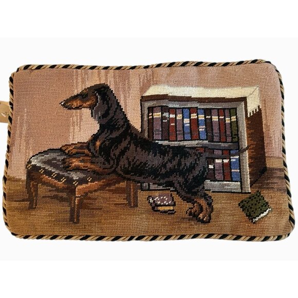 NWT Dachshund Dog Pet Needlepoint Pillow Cover 18 X 11" Piping Zipper Solid Back - Picture 6 of 12